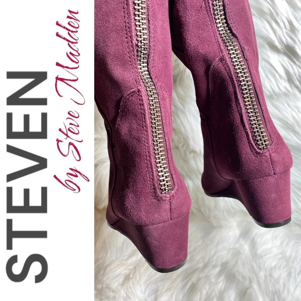 Steven‎ by Steve Madden Larken Burgundy Wine Suede Tall Wedge Boots Boho 7